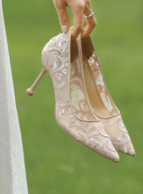 《轻云绣》法式秀禾主婚纱两穿网纱婚鞋女夏蕾丝高跟伴娘鞋新娘鞋