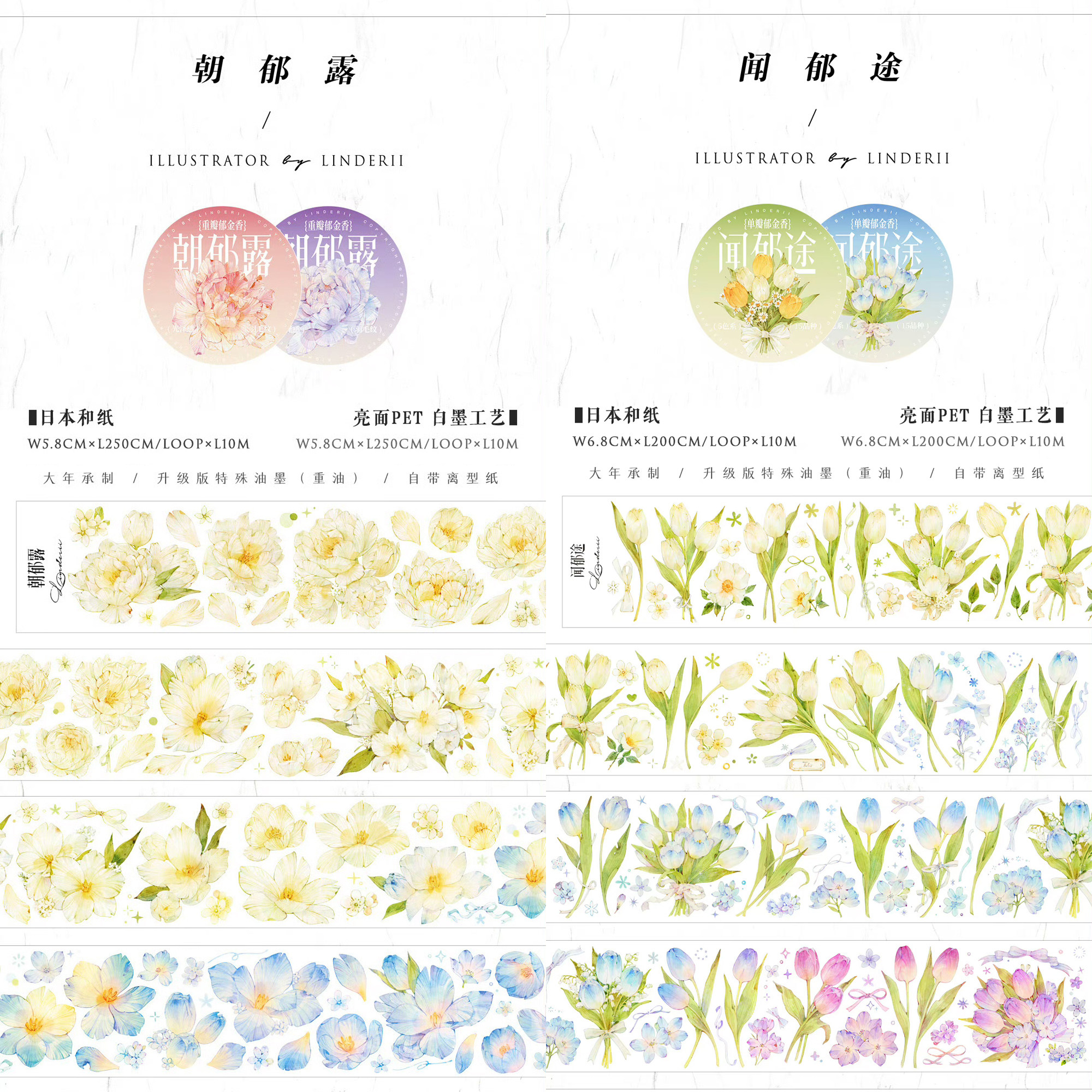 分装 止域朝郁露闻郁途郁金香花朵大年和纸pet重油手帐胶带离型纸