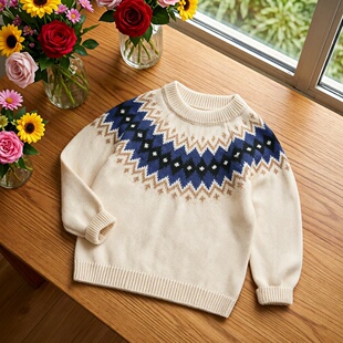 费尔岛风复古几何花纹针织毛衣男女童圆领纯棉线套头上衣春秋外套