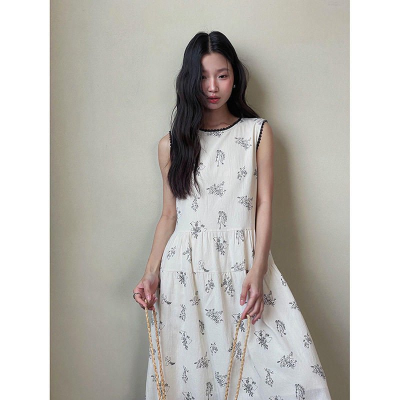 【午后花园】韩系复古印花收腰显瘦无袖连衣裙女夏季新款中长裙子