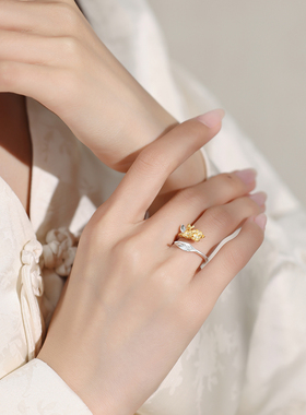 原创925银镀金桂花开口戒指