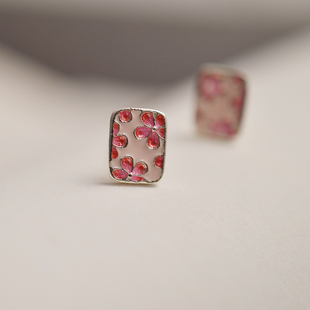 时尚 925银新中式 国风滴油粉色樱花方形耳钉女小众设计感个性