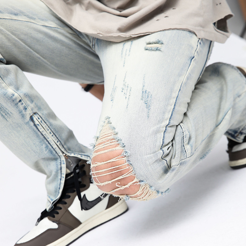 2024 신일본식 다용도 라이트 블루 찢어진 데님 바지 스트레이트 루즈한 얇은 사이드 지퍼 청바지