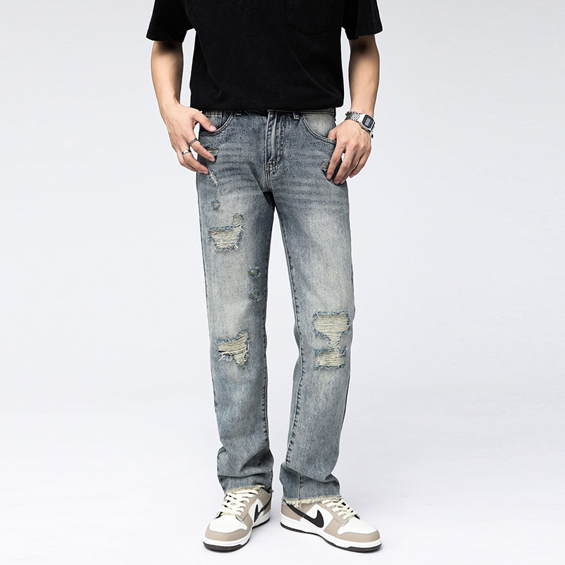 WUYAN ZUS BROKEN SHOP 2024 일본 봄 여름 찢어진 청바지 레트로 블루 캐주얼 바지 루즈 스트레이트 레그 와이드 레그 팬츠