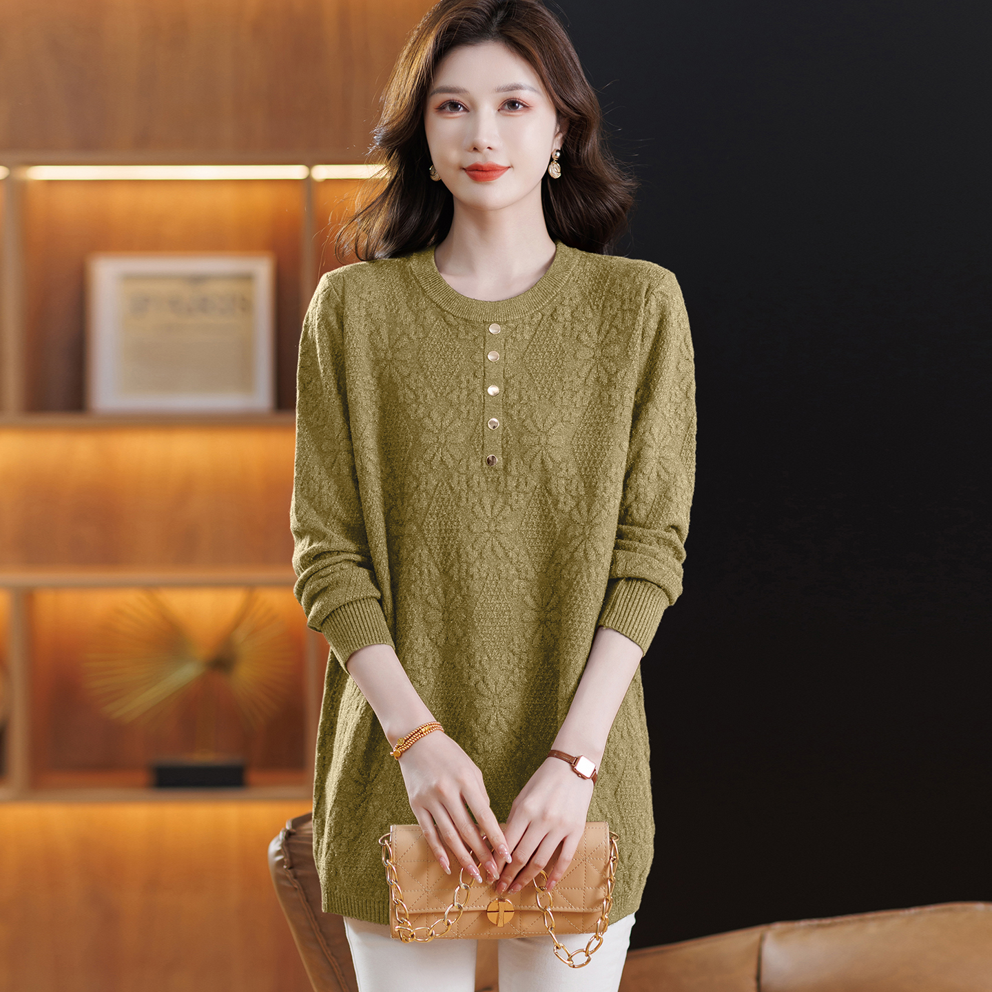 2025秋冬新款圆领中长款包臀大码女装毛衣宽松长袖羊毛针织打底衫