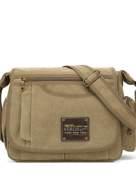 AERLIS男士帆布包多口袋功能斜跨包单肩包布包