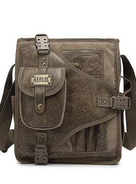 新款帆布挎包时尚单肩包流行复古男包多功能男士斜跨包拼接配皮包