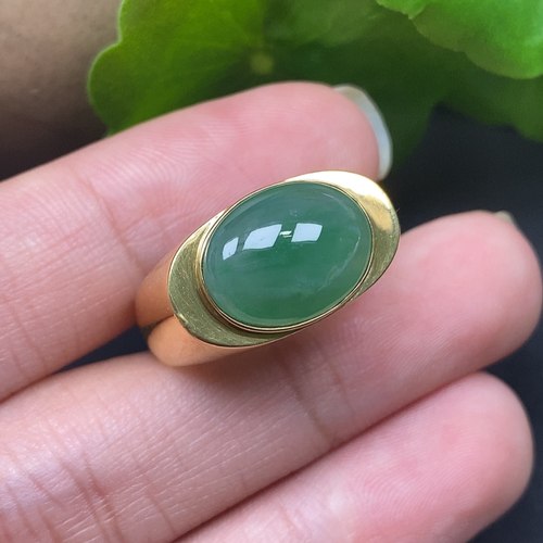 翡翠天然A货18K金镶嵌满绿元宝造型戒指男戒圈口19.5MM8.6克