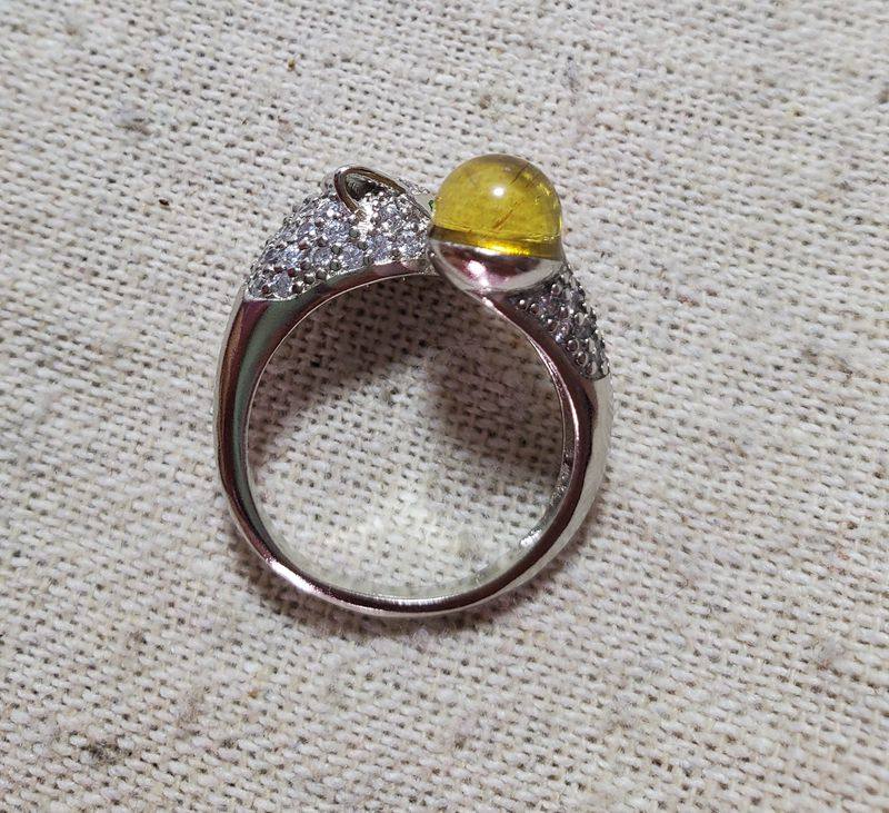 豹子头款满钻墨西哥蓝珀琥珀净水金兰7MM圆珠戒指银镀白铜托