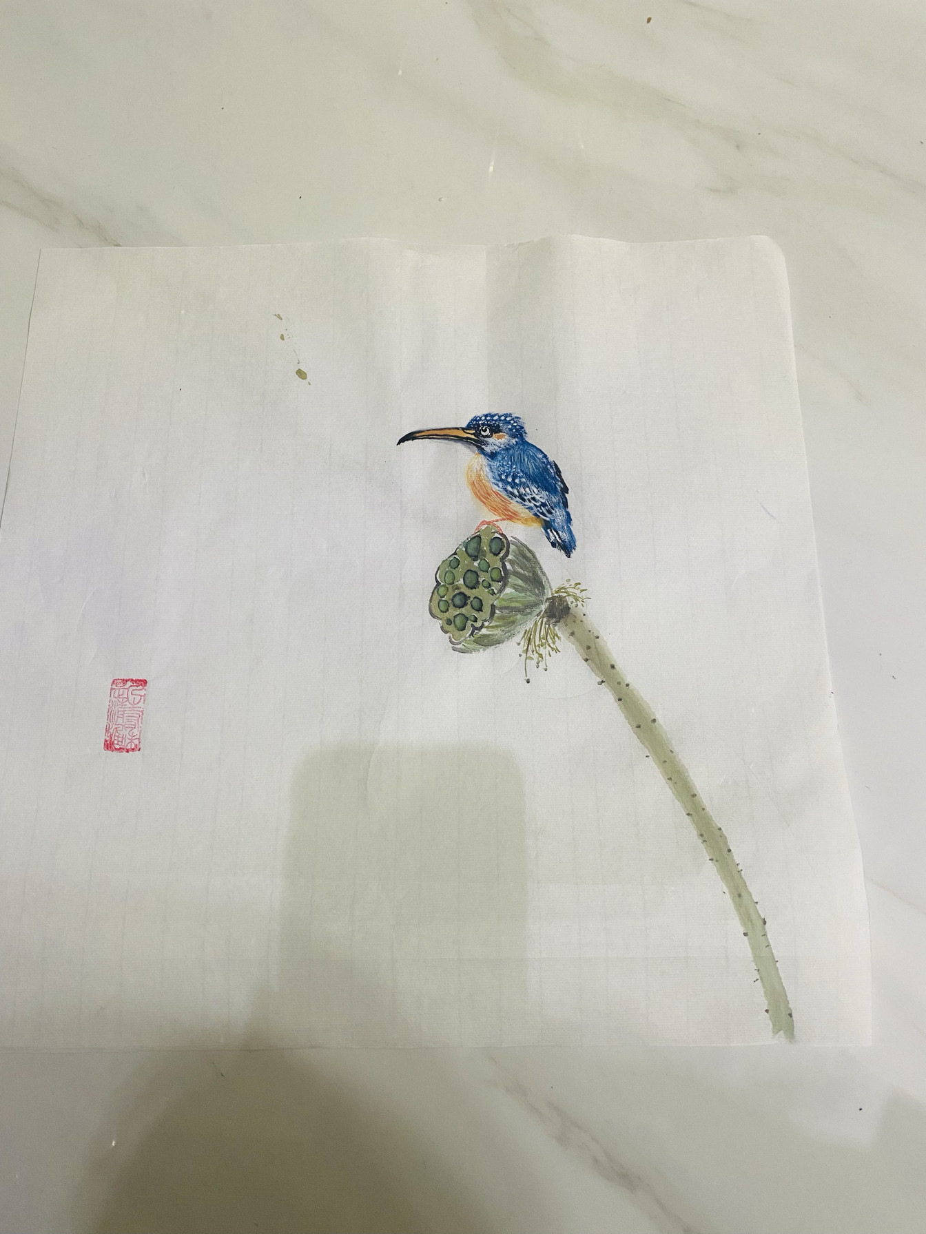 纯手工定制 水墨画 国画 花鸟画 翠鸟与莲蓬