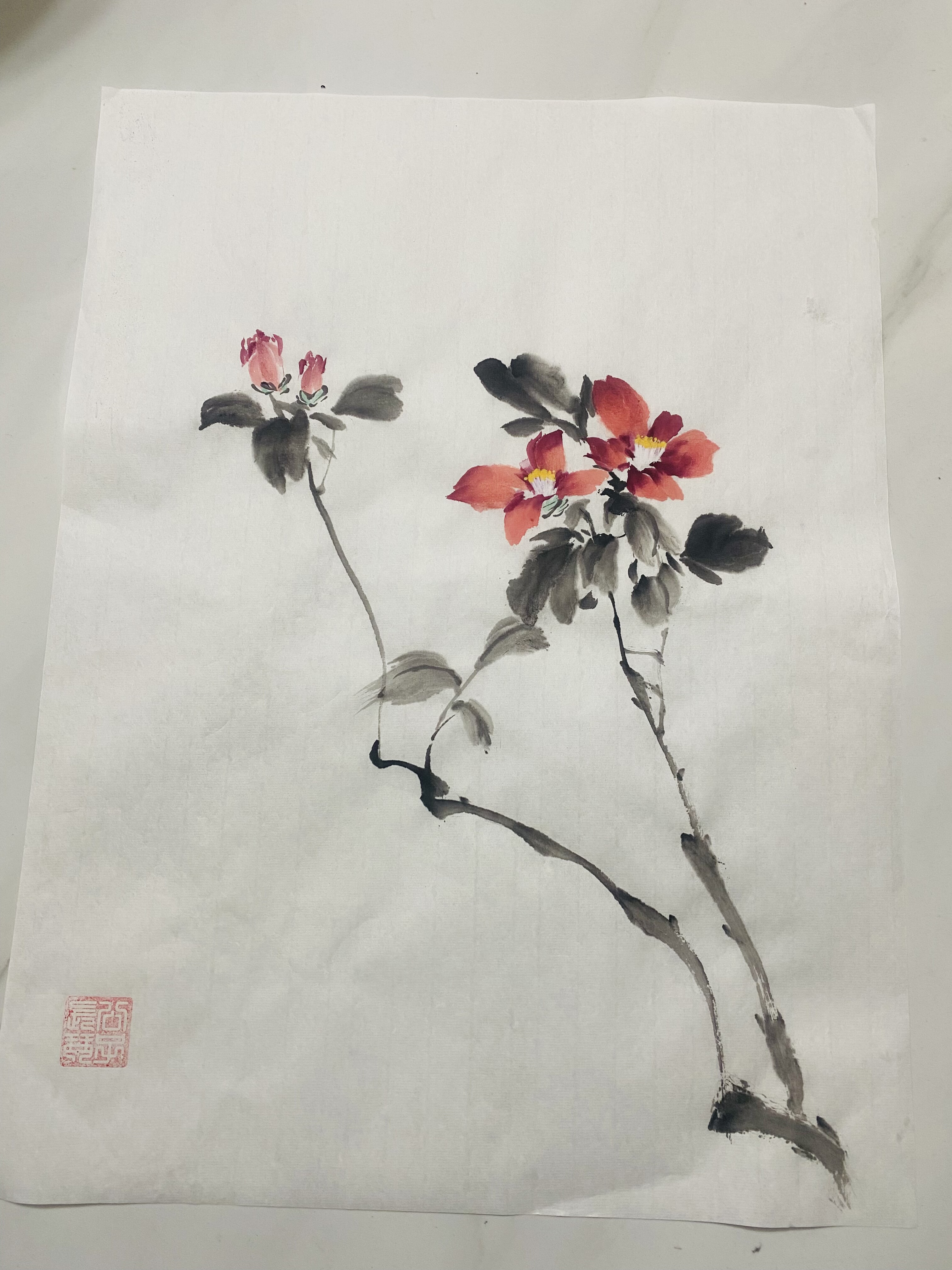 纯手绘国画水墨画装饰画客厅书房装饰水墨茶花红纱帐里透芬芳