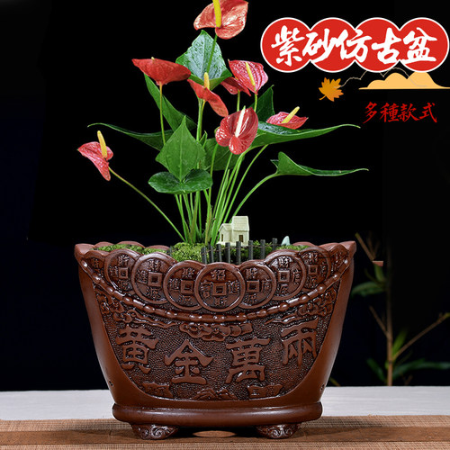 宜兴仿古紫砂花盆室内装饰浮雕