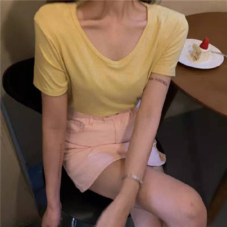 基础姜黄香芋紫树莓粉蓝咖色V领短袖面膜T恤淑女百搭打底修身上衣