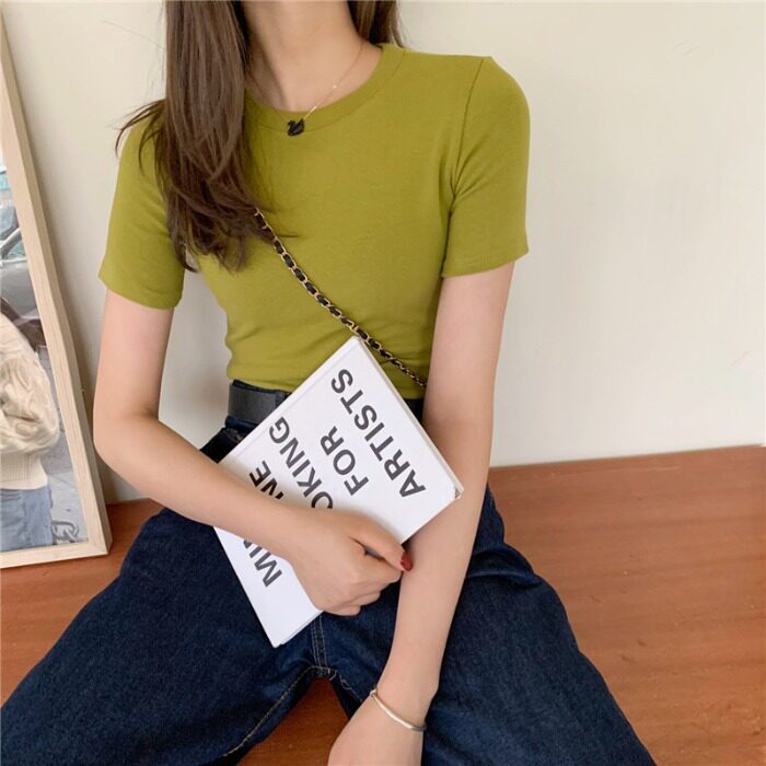 复古芥黄绿粉红咖色圆领短袖棉质T恤女百搭打底衫修身显白上衣夏