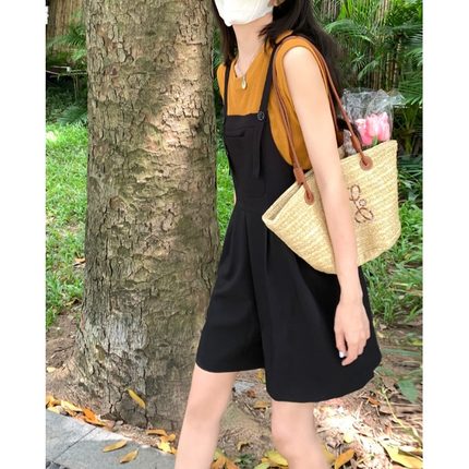 网红橘黄圆领薄款宽松时尚百搭针织小背心配显瘦背带裤学生套装女