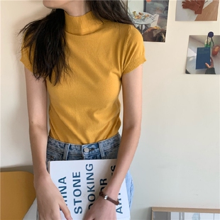 简约姜黄果绿粉红半高领短袖针织衫薄款T恤女百搭打底弹力上衣夏