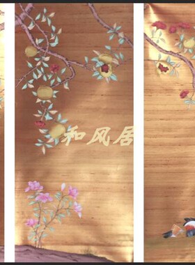 真丝双宫绡手绘橙色金石榴牡丹富贵新中式法式卧室客厅背景墙包邮