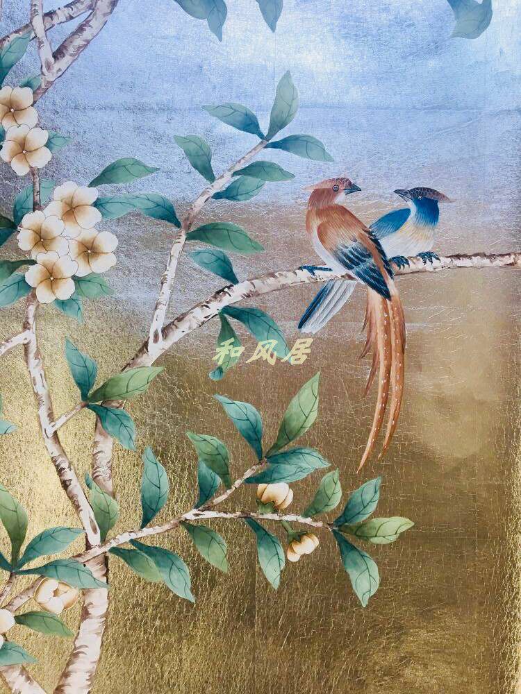银箔手绘墙纸工笔花鸟法式美式客厅餐厅玄关背景墙装饰画