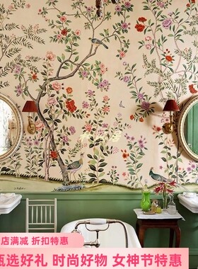 真丝手绘丝绸墙纸中国风花鸟Chinoiserie Handpainted 新中式