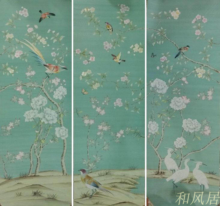 真丝新款书房婚房色织双宫绸青绿丝绸手绘手绣墙布背景墙硬包贴面