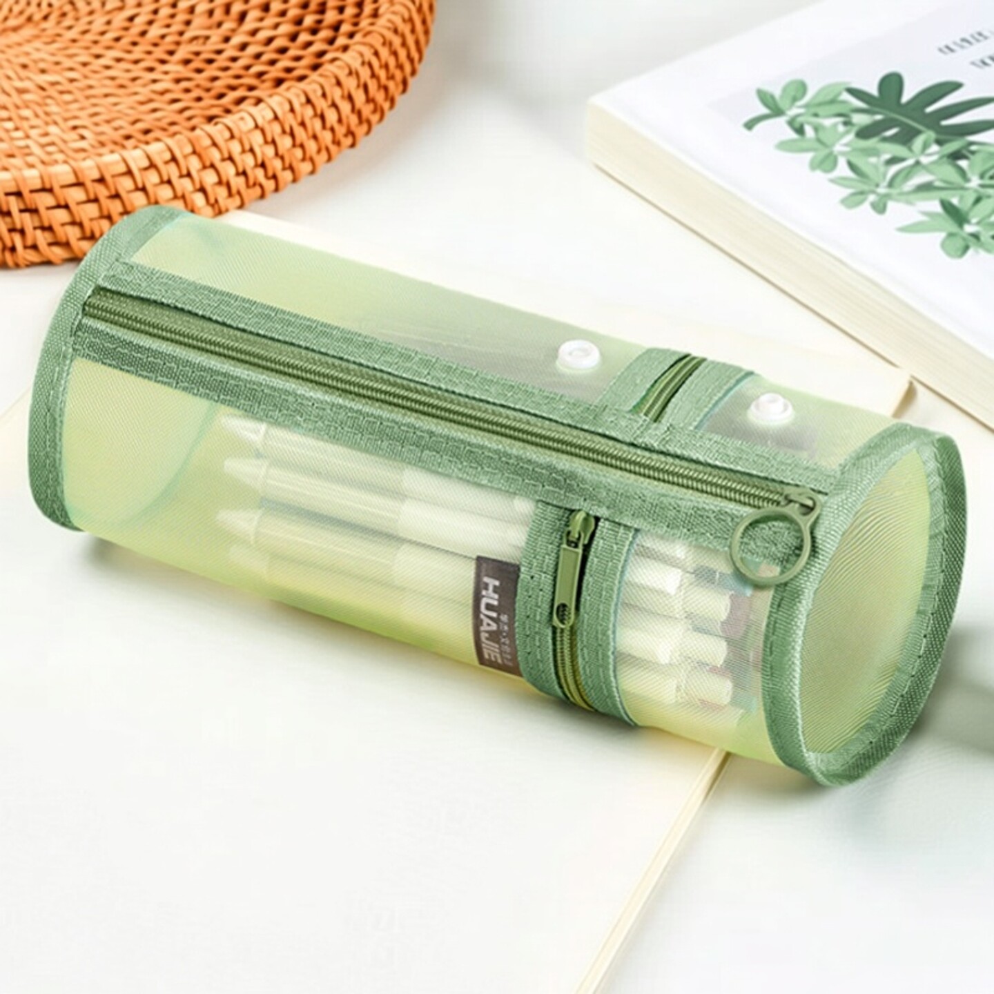 华杰纯色透明两用式大容量笔袋简约网纱圆筒形可立式笔筒学生用品