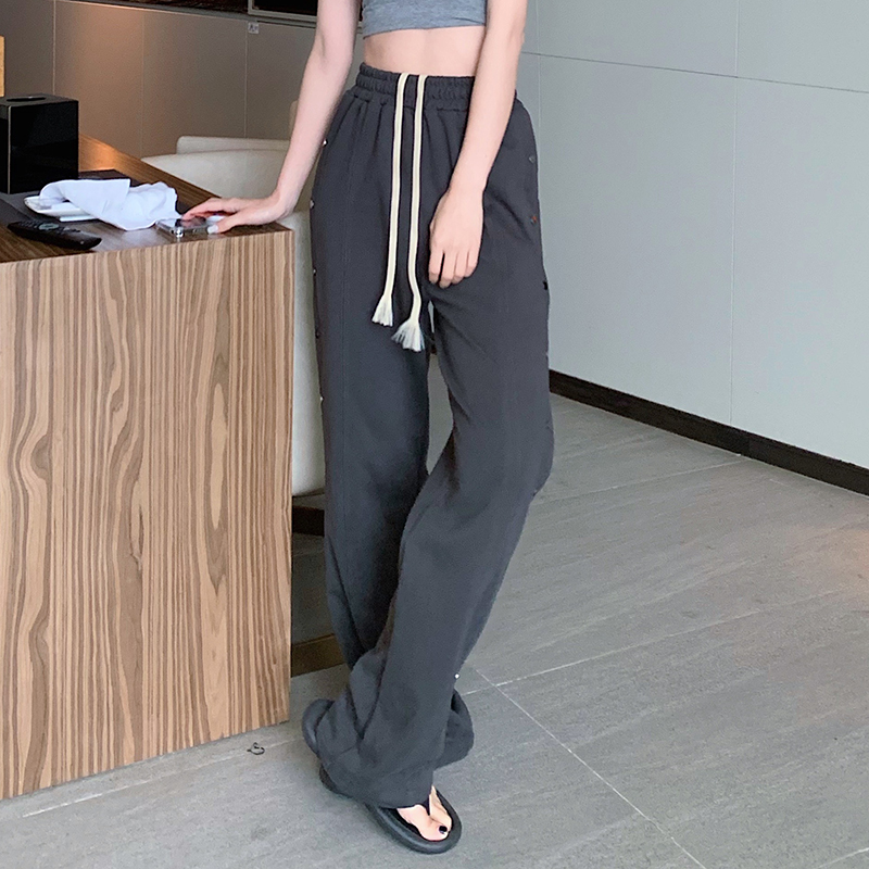 Real price elastic waist lace up casual pants women's side button split loose home wide leg pants