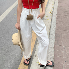 實拍實價 鬆緊高腰休閒長褲女寬鬆百搭闊腿直筒褲子