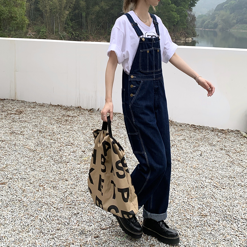 Real auction real price age reducing versatile denim suspenders women's loose and thin adjustable wide leg one-piece pants