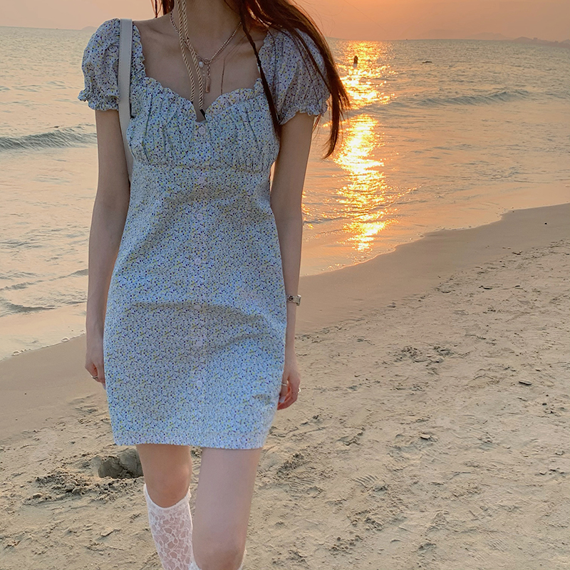 Real auction real price retro sweet bubble sleeve floral dress short sleeve A-line skirt with ear edge