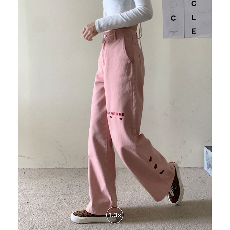 Real price pink high waist thin denim pants women's love letter printing loose and versatile wide leg pants