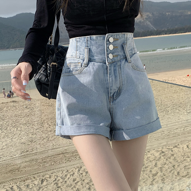 Real price high waist thin curled Jeans Shorts women's back pocket worn letter print wide leg hot pants summer