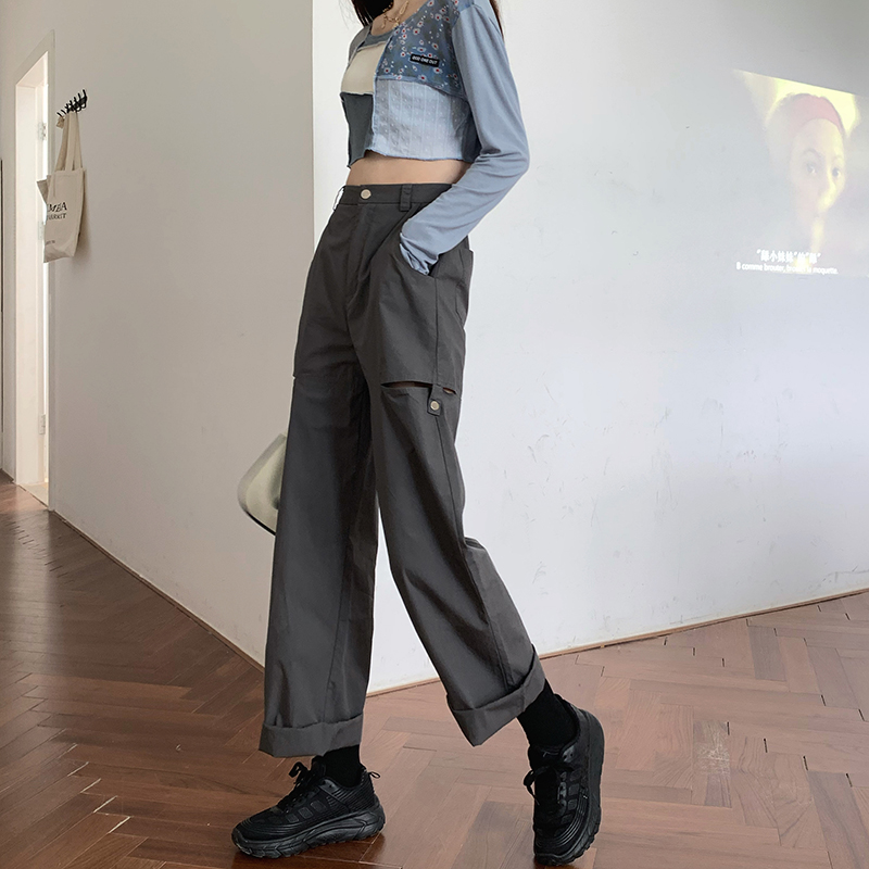 Real price side cut casual pants women's elastic high waist show thin holes straight pants