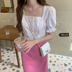 Real price white lace bubble sleeve square neck short shirt T-shirt