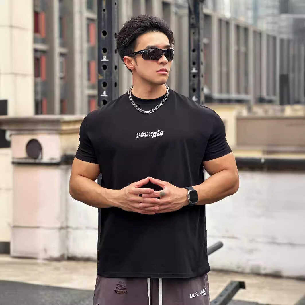 运动短袖男T恤健身重磅弹力宽松肌肉训练圆领休闲收袖口跑步半袖