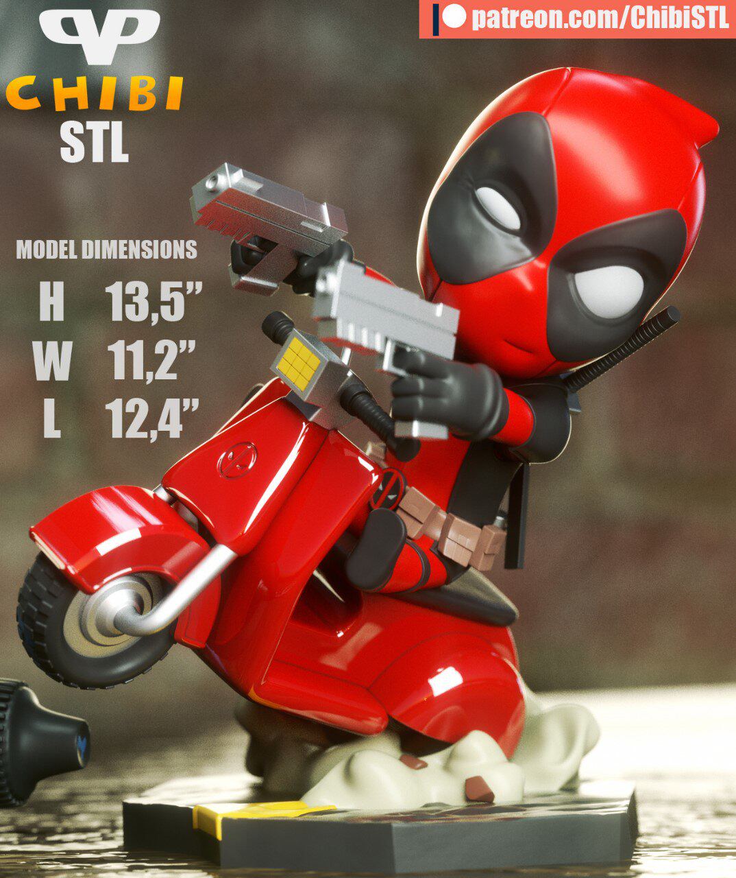 Q版死侍Deadpool on Vespa 3D打印模型stl数据文件