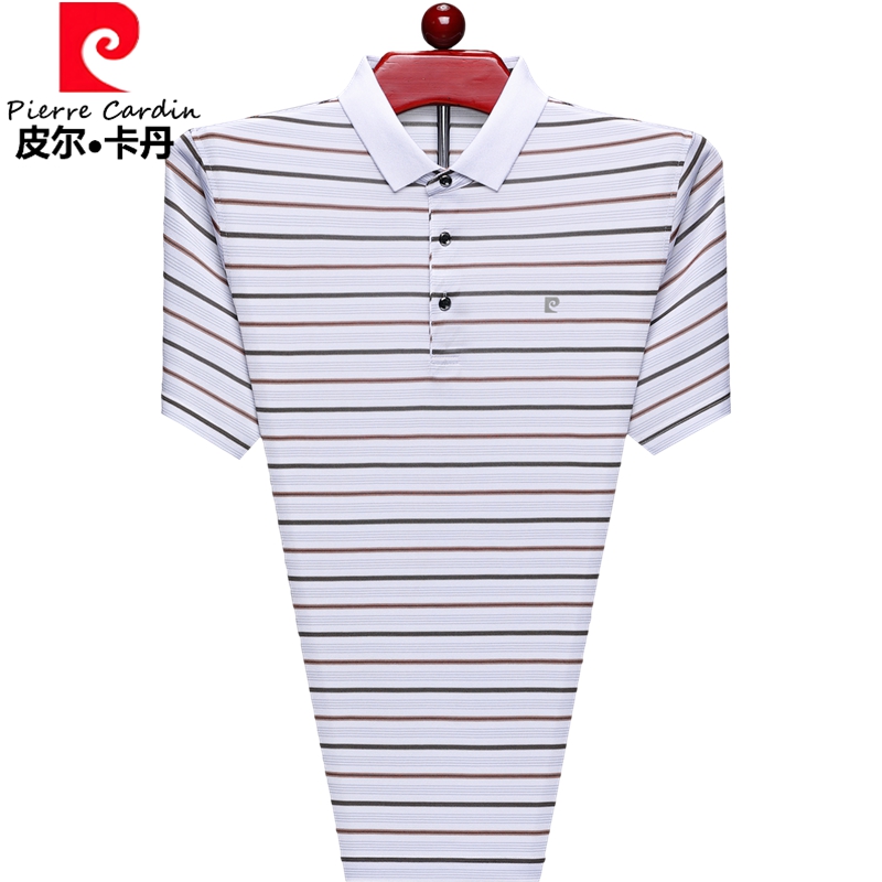 皮尔卡丹桑蚕丝t恤短袖男款2025新款中年条纹冰丝夏装半袖体恤衫