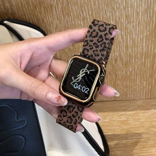 适用AppleWatchs10适用苹果表带5/6/S7/S8/9高级米兰尼斯豹纹磁吸
