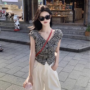 港风黑白格子V领无袖显瘦衬衫女夏季小众设计感修身显瘦短款上衣