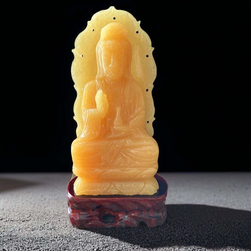 天然玉石黄玉观音摆件客厅招财桌面玄关供奉家用坐莲观音菩萨佛像