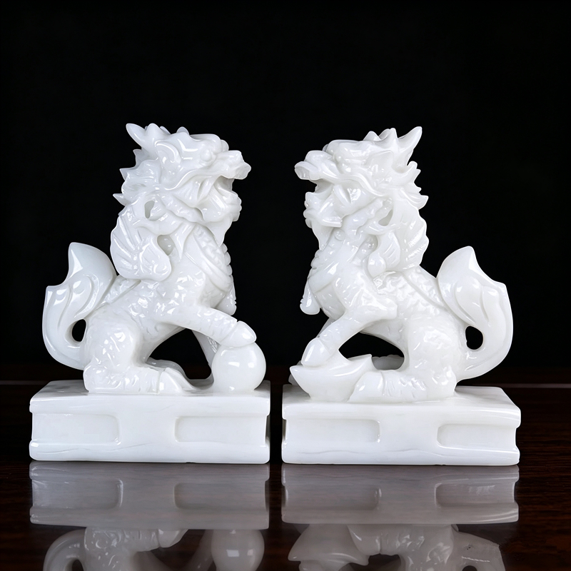 天然白玉石麒麟摆件公母一对新中式传统工艺品客厅装饰品招财瑞兽