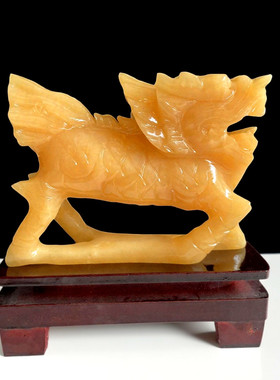 黄玉麒麟摆件一对天然玉石