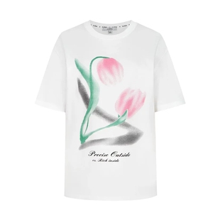 N.paia恩派雅正品时尚图案印花粉色T恤桑蚕丝棉上衣XNJEC5322AW
