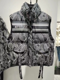 恩派雅正品国内代购黑色印花羽绒马甲背心立领羽绒服XNHAAY001AH