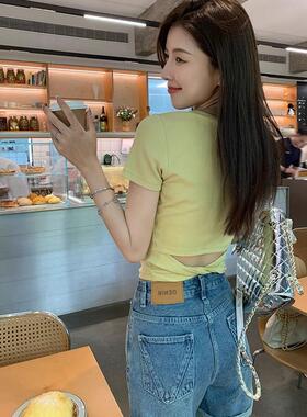 Mere Kore后背蝴蝶结露腰短袖t恤女2025夏季新款修身短款辣妹上衣
