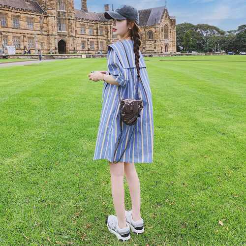 Lecea Alice蓝色条纹连衣裙2025夏季新款海军领衬衫裙女小个子