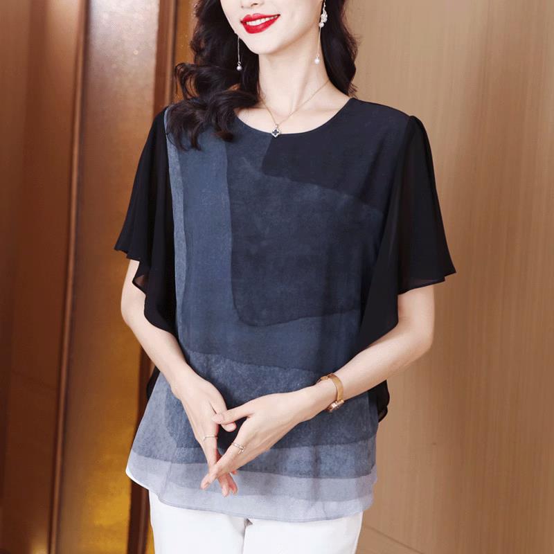 大码短袖t恤女2025新款爆款减龄夏季洋气上衣胖mm宽松遮肚雪纺衫