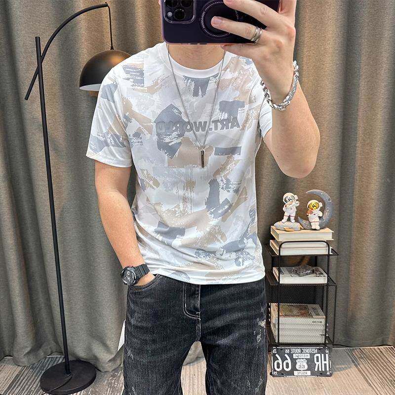 潮牌男夏季新款满身印花体恤衫修身半袖冰感男装衣服冰丝短袖t恤