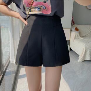 日系黑色西装短裤女夏季薄款高腰后拉链宽松显瘦休闲a字阔腿裤子