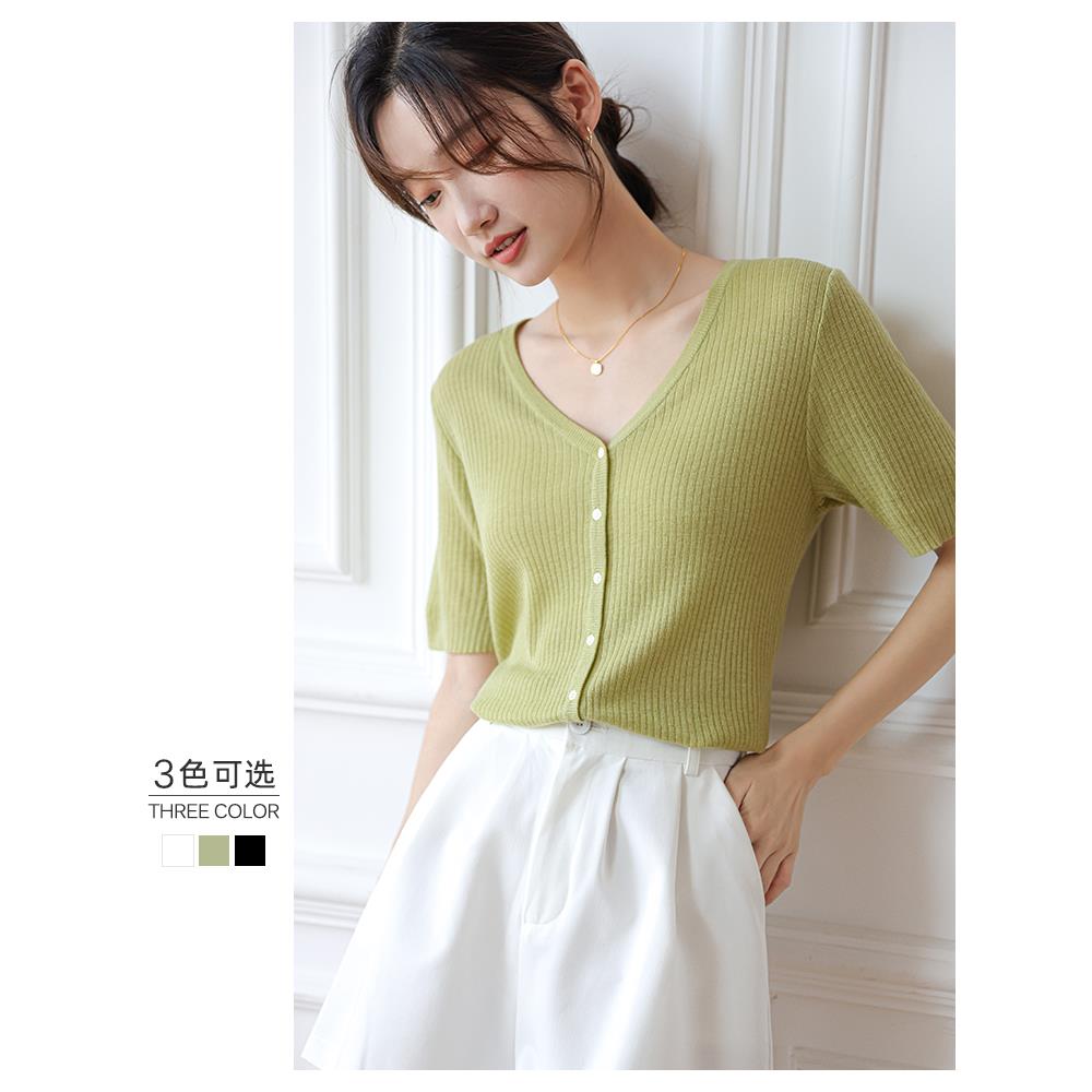 冰丝针织开衫女2025夏季新款修身显瘦薄款t恤洋气百搭v领短袖上衣