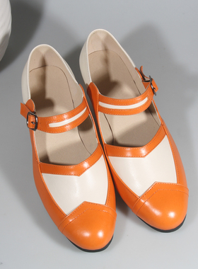 橙色小圆头层牛皮复古拼色一字带中跟百搭舒适春秋新款摇摆舞鞋女